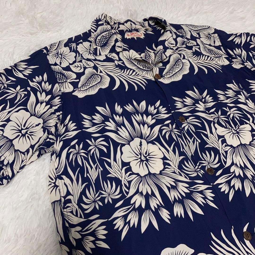 極美品】SUNSURF アロハシャツ 半袖 開襟 ハイビスカス リーフ 紺 L