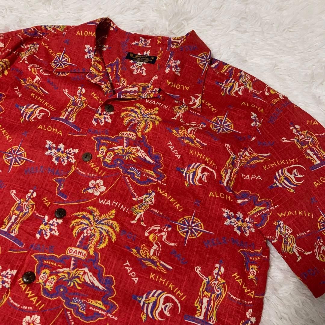 極美品】SUNSURF アロハシャツ 半袖 開襟 サーファー ワイキキ 赤 L