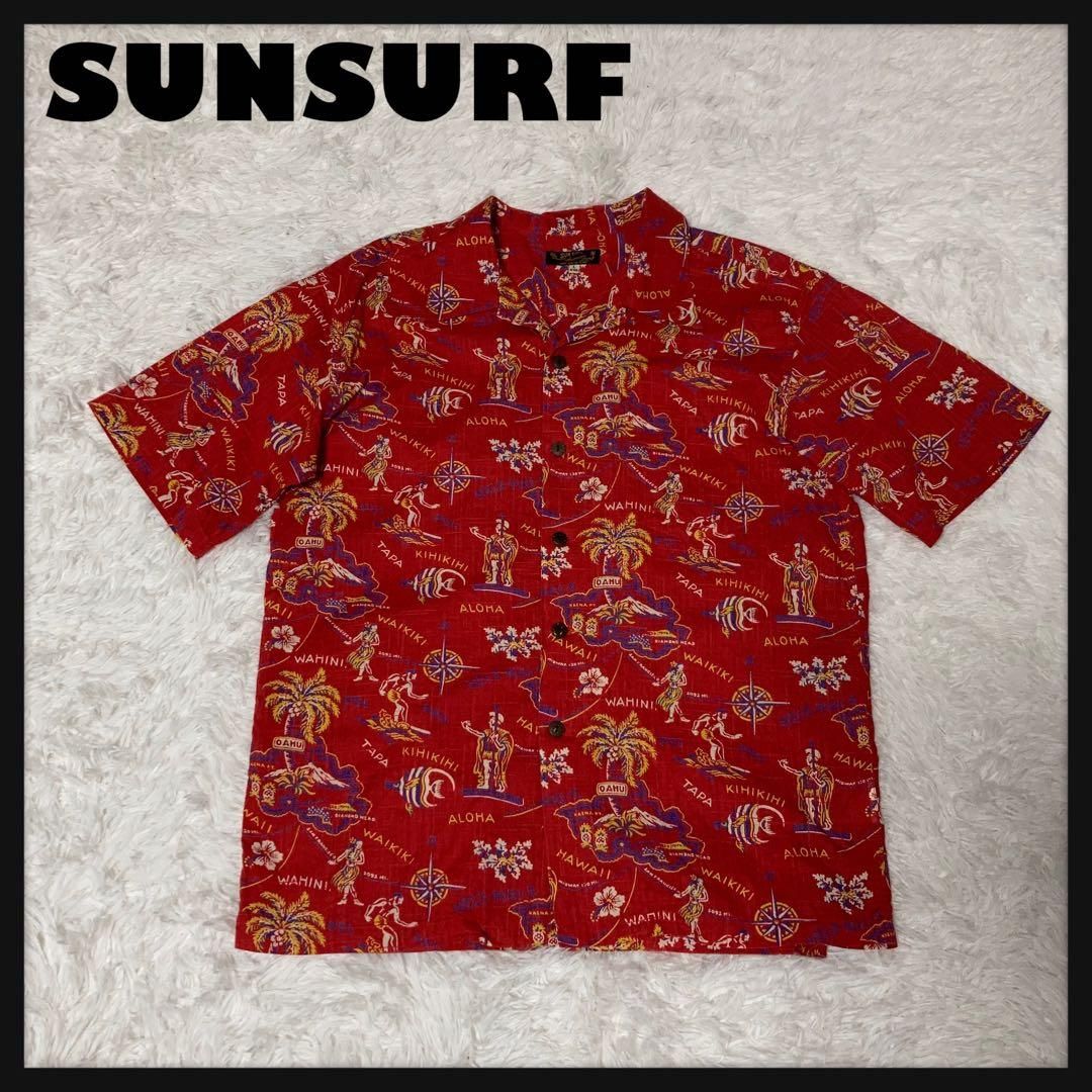 極美品】SUNSURF アロハシャツ 半袖 開襟 サーファー ワイキキ 赤 L