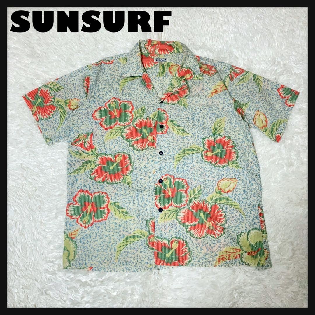 美品】SUNSURF アロハシャツ 半袖 開襟 ハイビスカス ボーダー L 