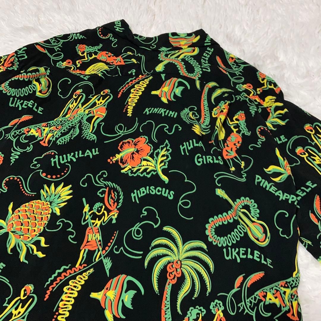極美品】SUNSURF アロハシャツ 半袖 開襟 フラガール ハワイ 黒 XL 