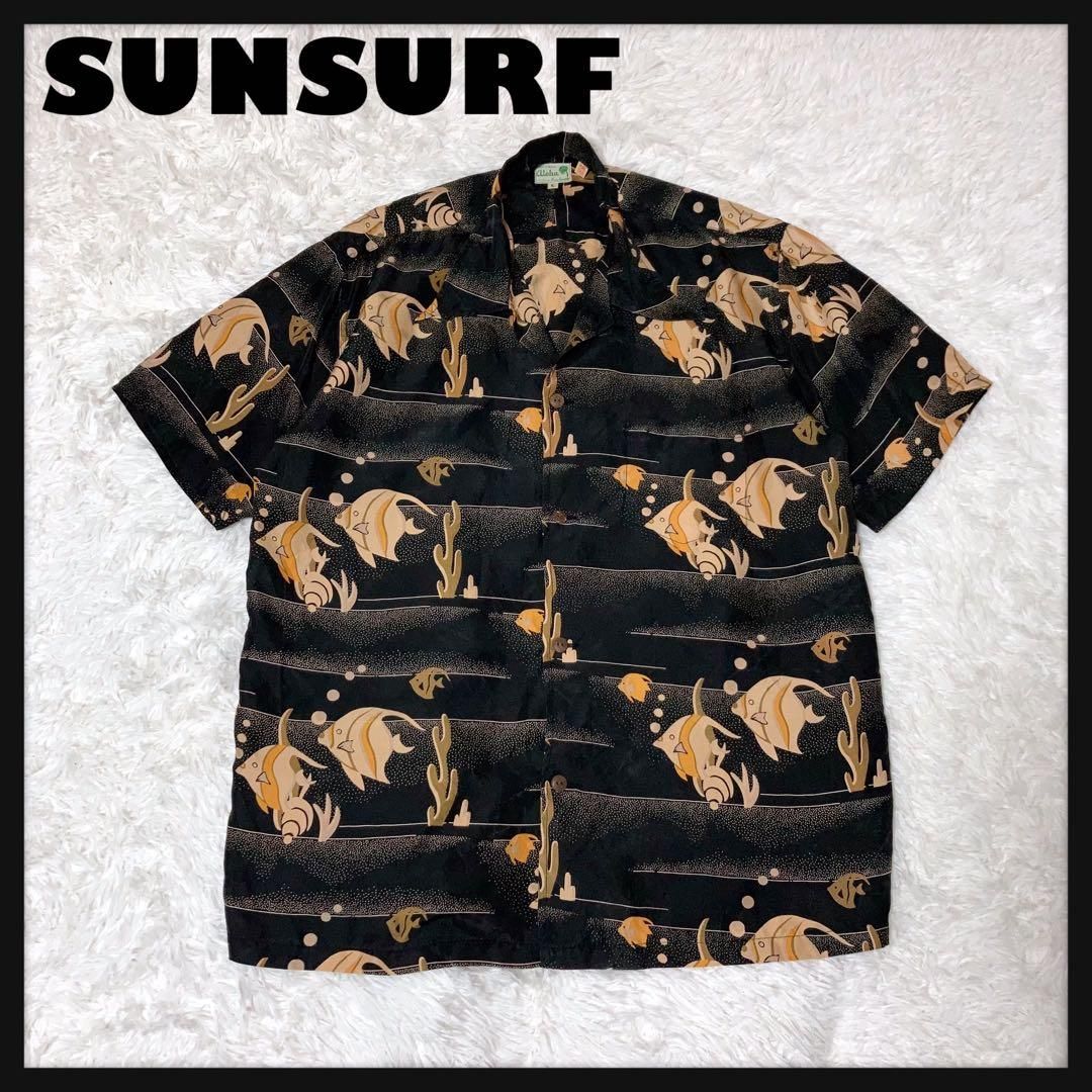 SUNSURF アロハシャツ 半袖 開襟 熱帯魚 アクアリウム サンゴ 黒 L 