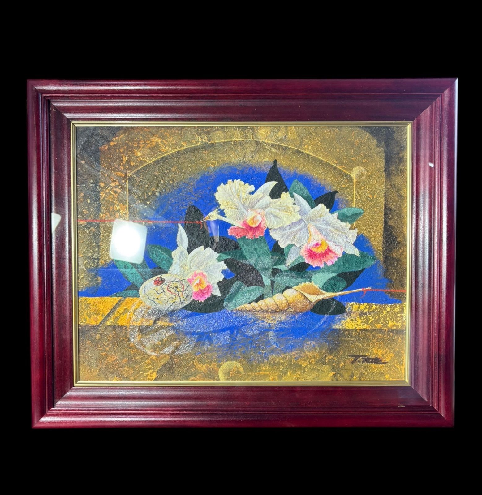 竹久智信 夢の中へ 油絵 カトレア 鶴 貝殻 作家物 額装 額 壁掛 絵画