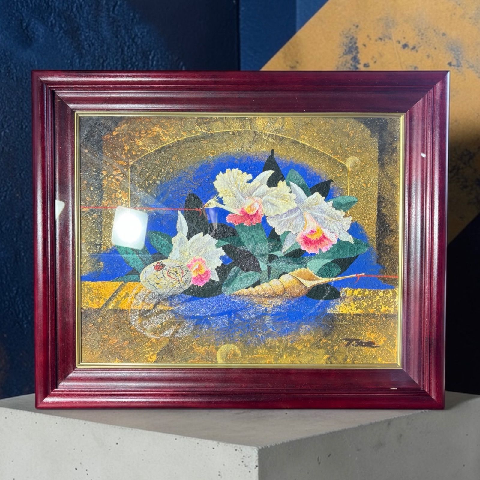竹久智信 夢の中へ 油絵 カトレア 鶴 貝殻 作家物 額装 額 壁掛 絵画 