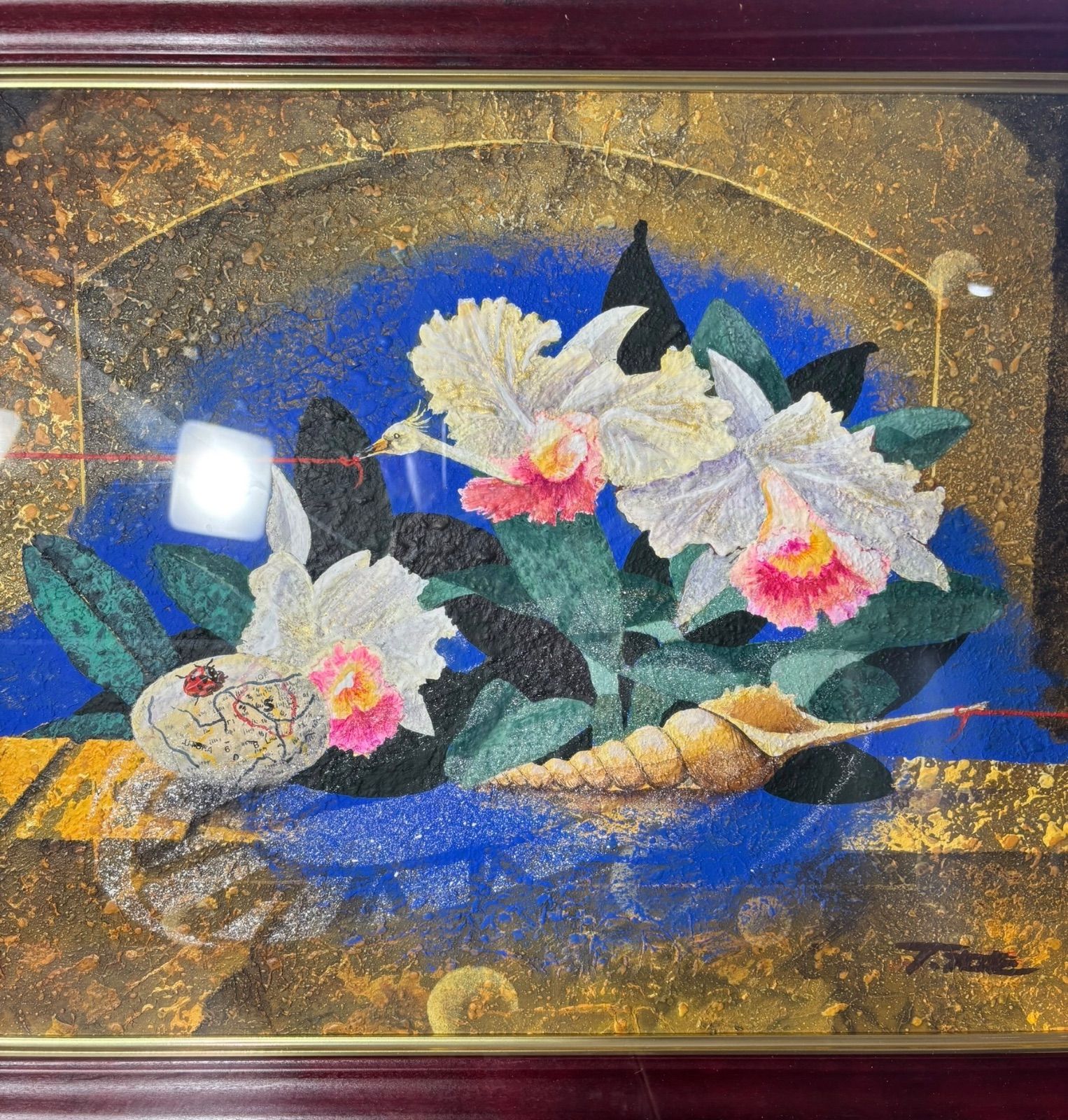 竹久智信 夢の中へ 油絵 カトレア 鶴 貝殻 作家物 額装 額 壁掛 絵画