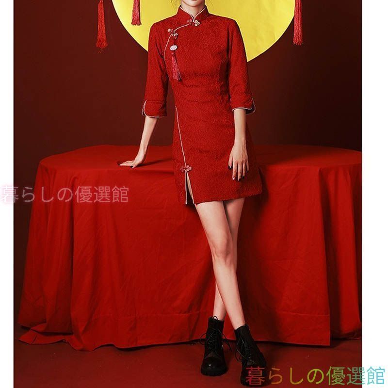 チャイナドレス ミニ チャイナドレス コスプレ 衣装 チャイナ服 七分丈 赤 かわいい コスプレ 大きいサイズ ドレス パーティードレス 結婚式 コスプレ lf0319