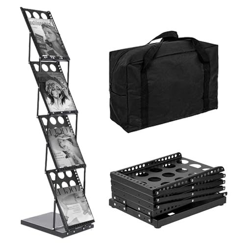カタログスタンド チラシスタンド 折りたたみ式 A4 4段 片面パンフレットラック 組み立て不要 大容量 鉄製 収納袋付き 床置き ディスプレイラック 本棚 展示会 リビングルーム 寝室用 ブラック m cbfcadd7
