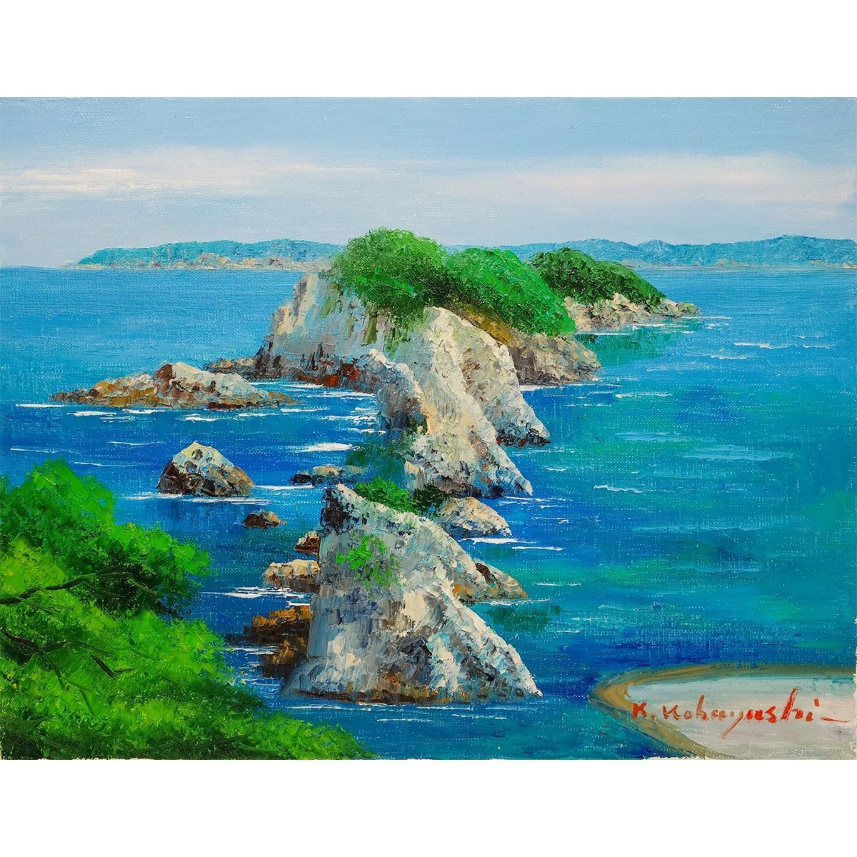 浄土ヶ浜　油彩画 装飾フレーム付き 油彩画 F6号 小林幸三 「浄土ヶ浜」 油絵 額入り 風景画 額装絵画 真筆