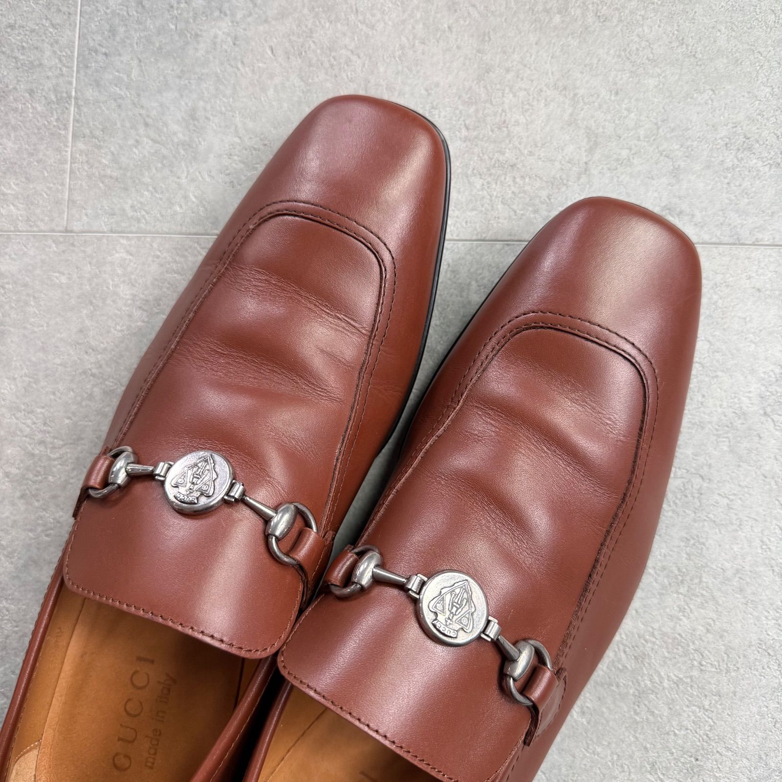 GUCCI ホースビットローファー クレストロゴ カーフレザー ブラウン 
