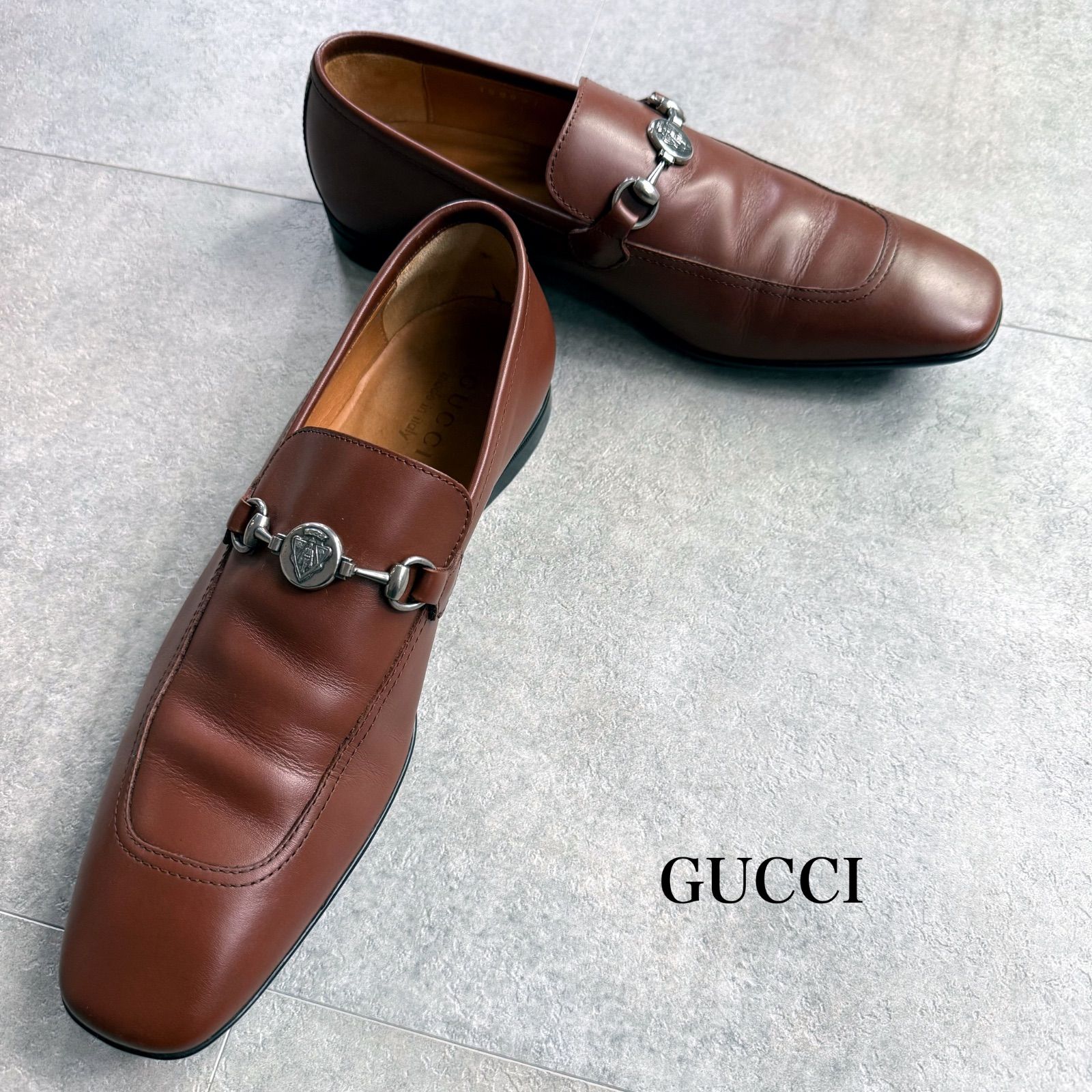 GUCCI ホースビットローファー クレストロゴ カーフレザー ブラウン 
