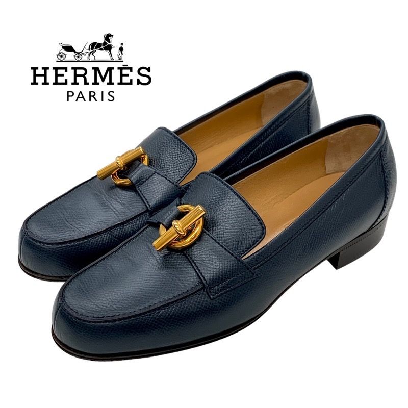 エルメス HERMES ローファー 革靴 靴 シューズ レザー ネイビー系