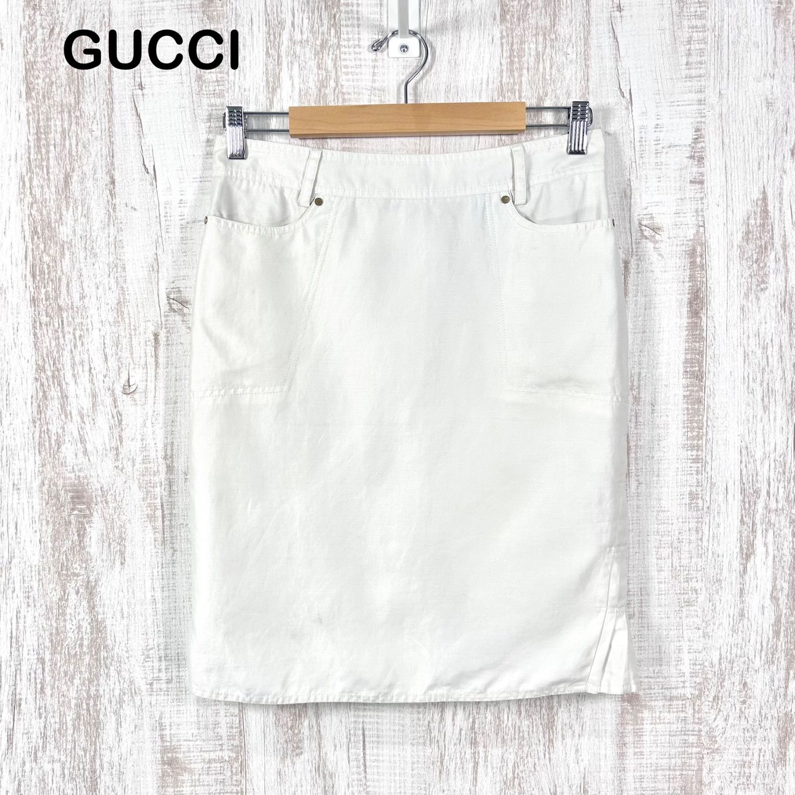 GUCCI グッチ バックスリット サイドプリーツ コットン リネン ひざ丈