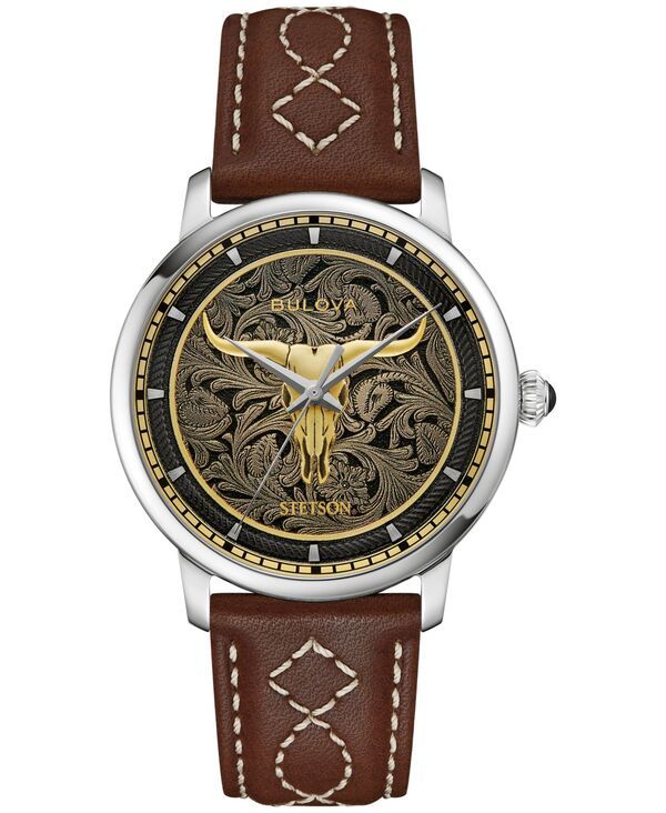 [무료 배송] Bulova 남성용 시계 액세서리 남성용 허드슨 스테트슨 브라운 가죽 스트랩 시계 39mm 브라운