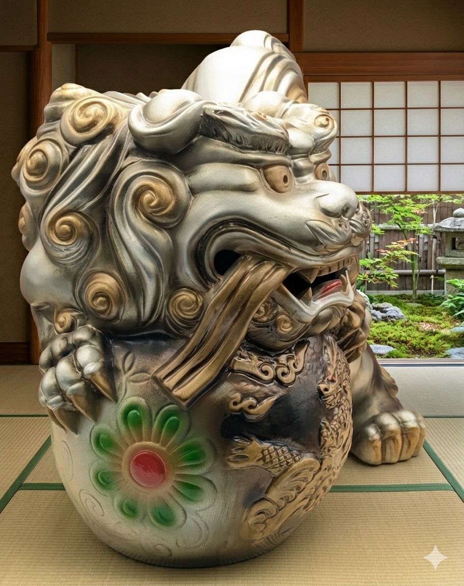  縁起物 玉乗り唐獅子 置物 魔除け 狛犬 獅子 龍 牡丹 金彩 盛 ヴィンテージ 木製小物 置物 インテリア小物