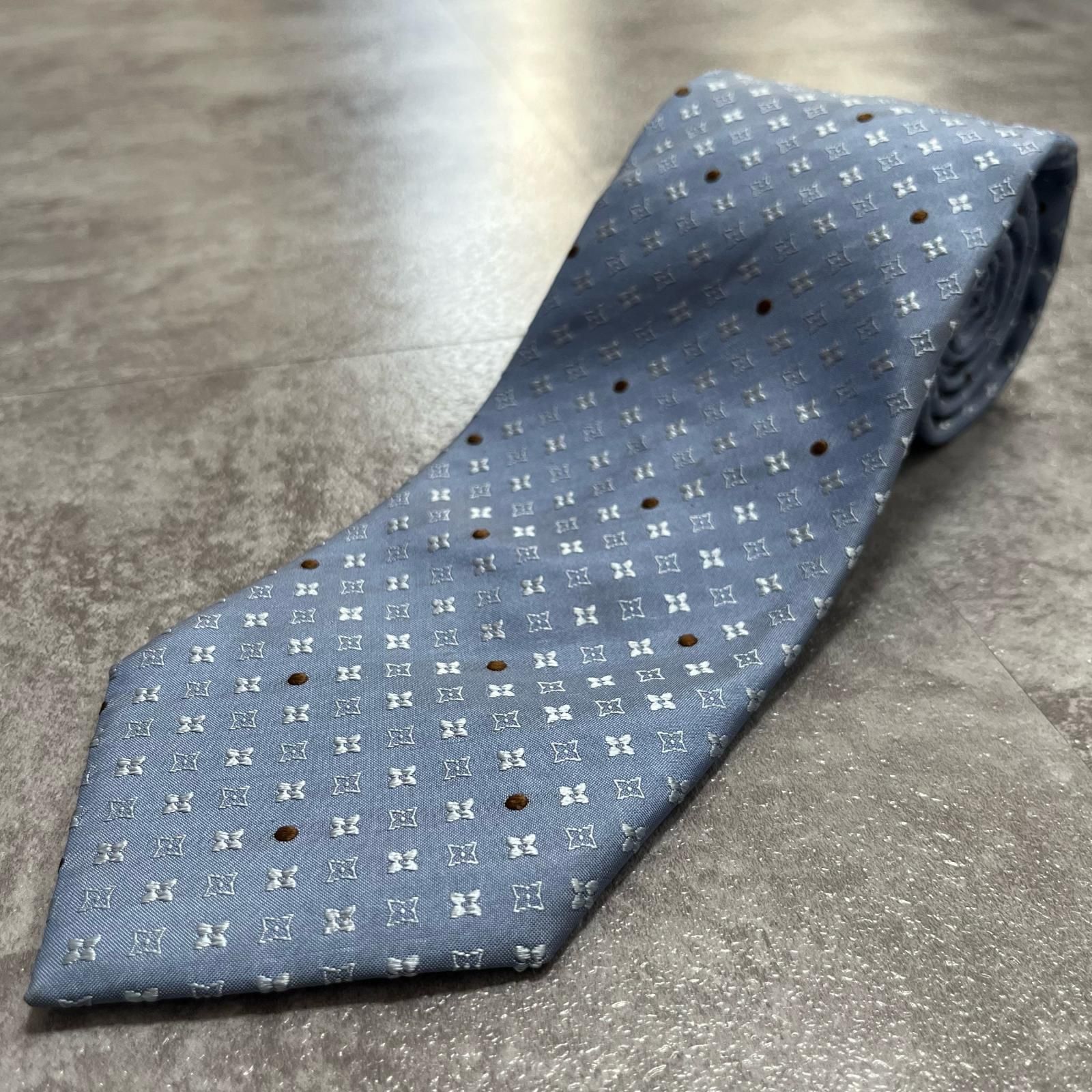 美品 ルイヴィトン ネクタイ モノグラム シルク ドット柄 グレー ブルー LOUIS VUITTON】 ルイ・ヴィトン モノグラム柄ネクタイ シルク100