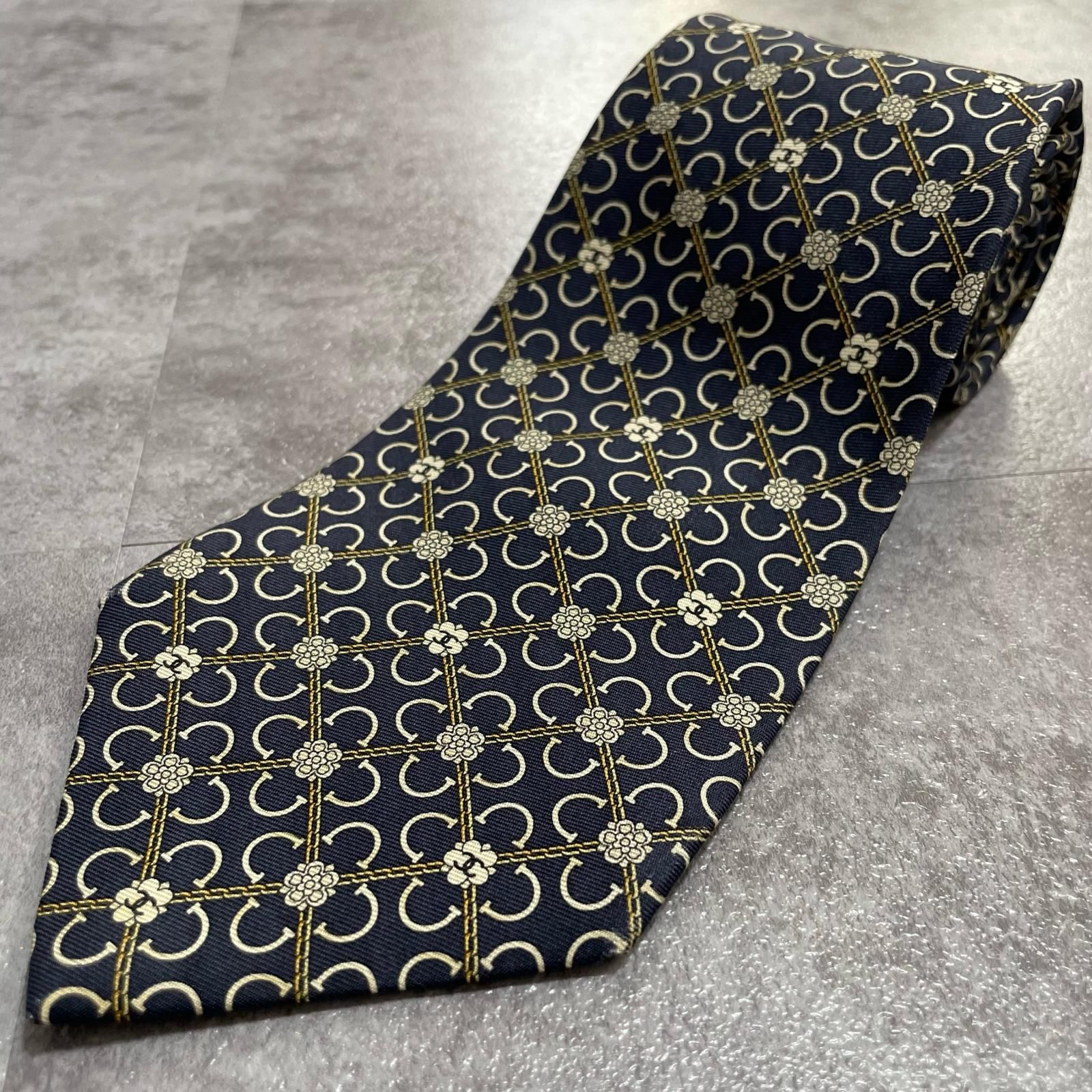 CHANEL】シャネル フラワーチェック柄 シルクネクタイ シルク100