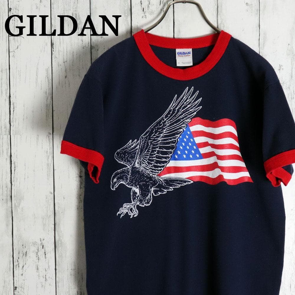 GILDAN ギルダン　ヘビーコットン　星条旗 鷹 個性派デザイン　ボールドイーグル リンガーネック アニマルTシャツ