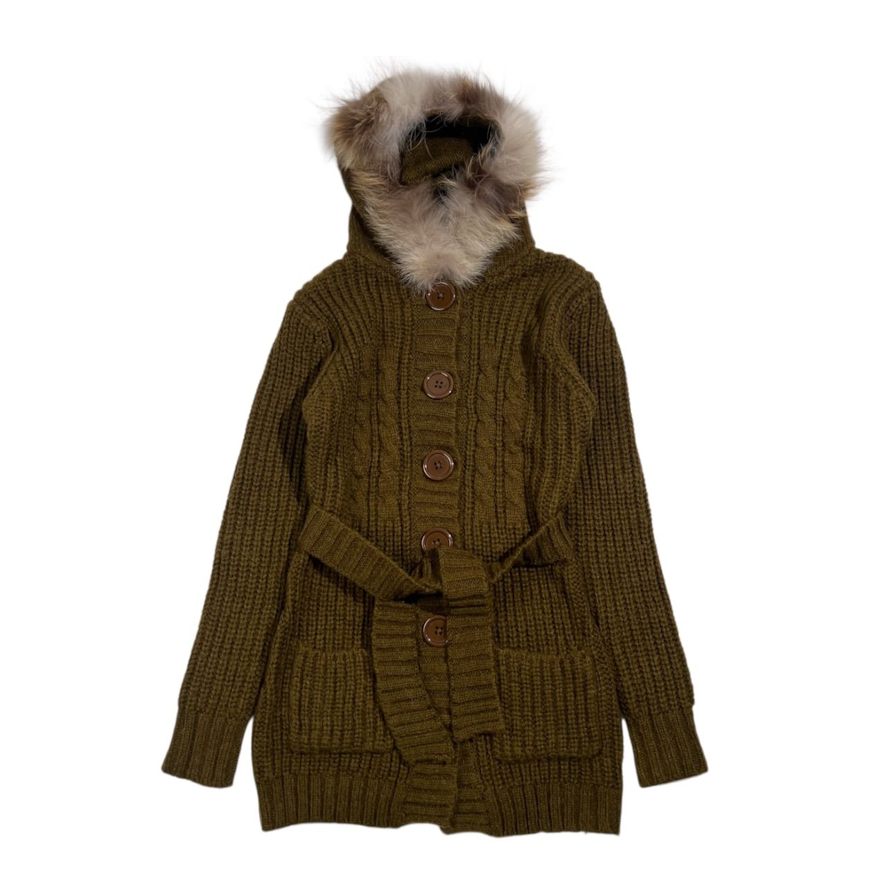 MaxMara マックスマーラ ファー フード リブ編み ニット コート MaxMara マックスマーラ ファー フード リブ編み ニット コート