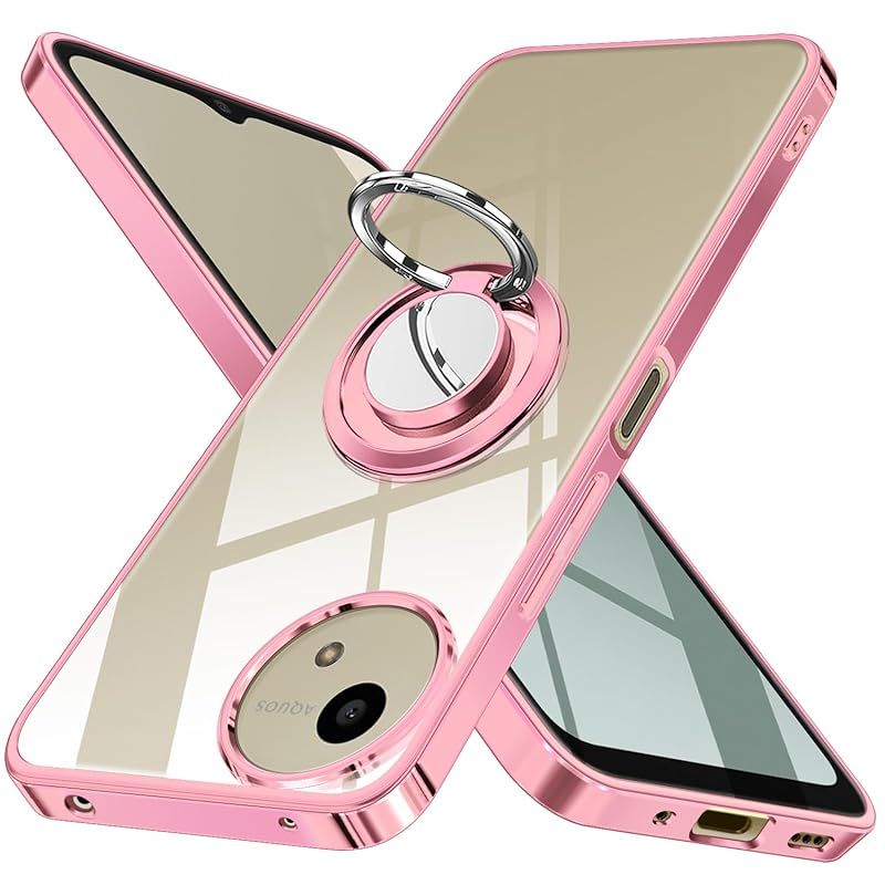 【新品】 AQUOS wish4 ケース リング SH-52E カバー 透明 スマホケース クリア TPU 耐衝撃 メッキ加工 スタンド機能 車載ホルダー ストラップホール付き SHARP アクオス wish4 携帯ケース ローズゴールド 1