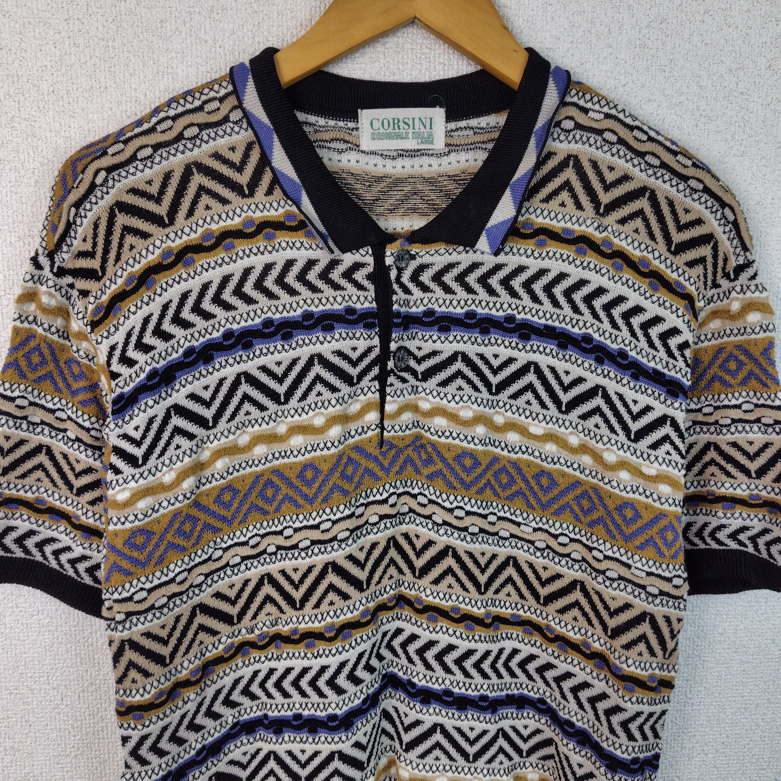 90s CORSINI コルシーニ ニットポロシャツ 総柄 ブラック Lサイズ 