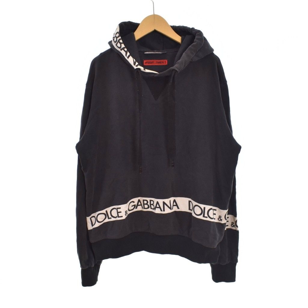 メンズ ドルチェ&ガッバーナ ドルガバ DOLCE&GABBANA パーカー フード 長袖 プルオーバー ロゴデザイン 太紐 52 黒 ブラック チャコール 白 ホワイト