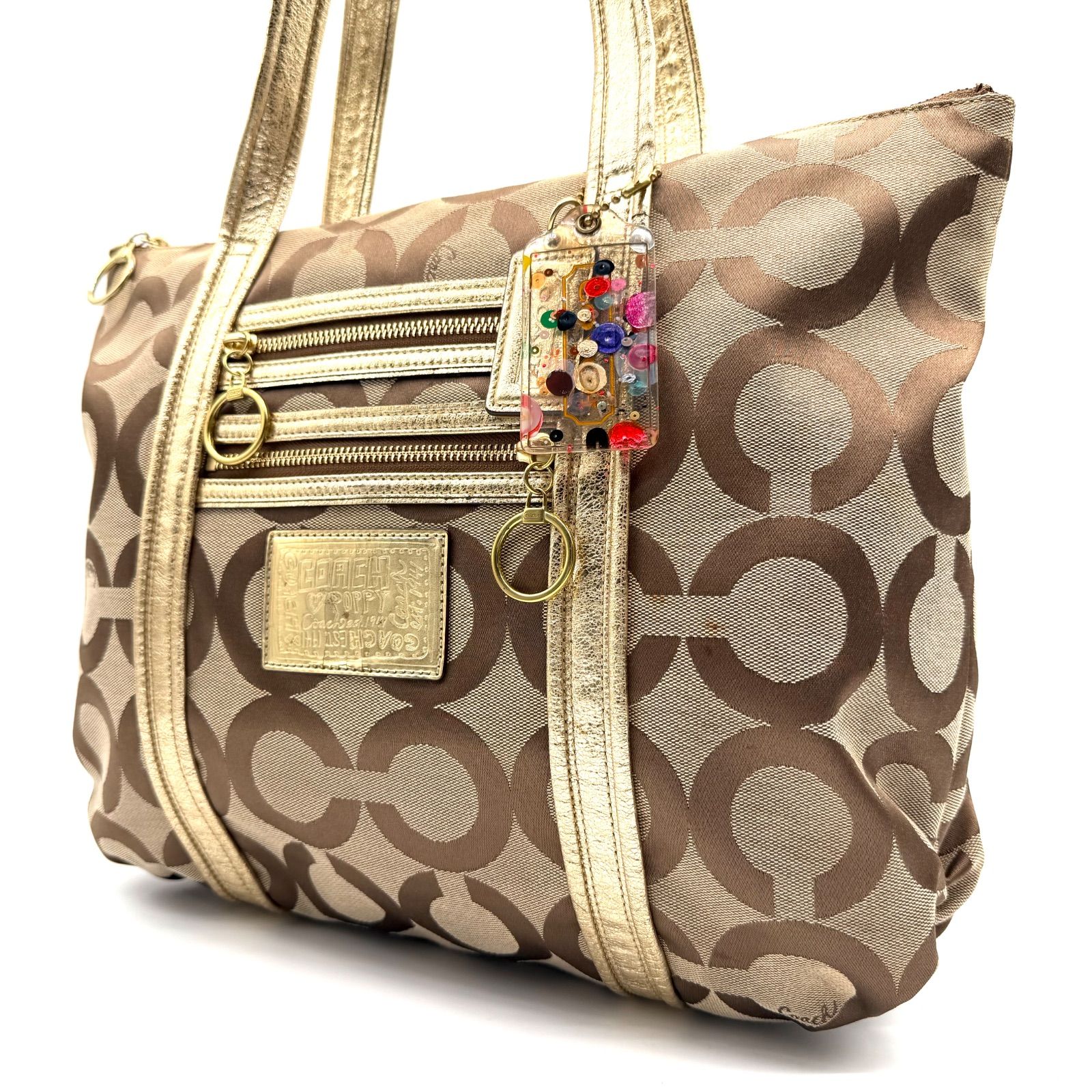 COACH y2k poppy opart tote bag charm beige コーチ ポピー 