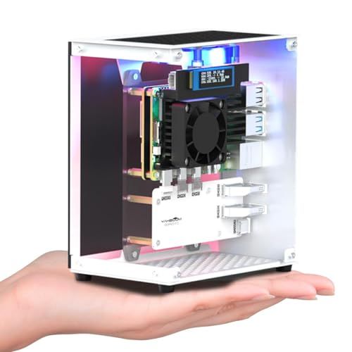 新品 Yahboom RaspberryPi 5ケース、アルミ製ミニタワーケース、ラズベリーパイ5 冷却PWMファンとRGB変色雰囲気灯付き (Basic version)