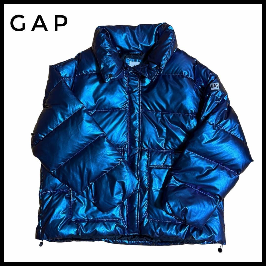 極美品 GAP ギャップ バックロゴ ダウンジャケット L ネイビー ギャップ GAP メタリック ダウンジャケット Lサイズ ブルー パファー