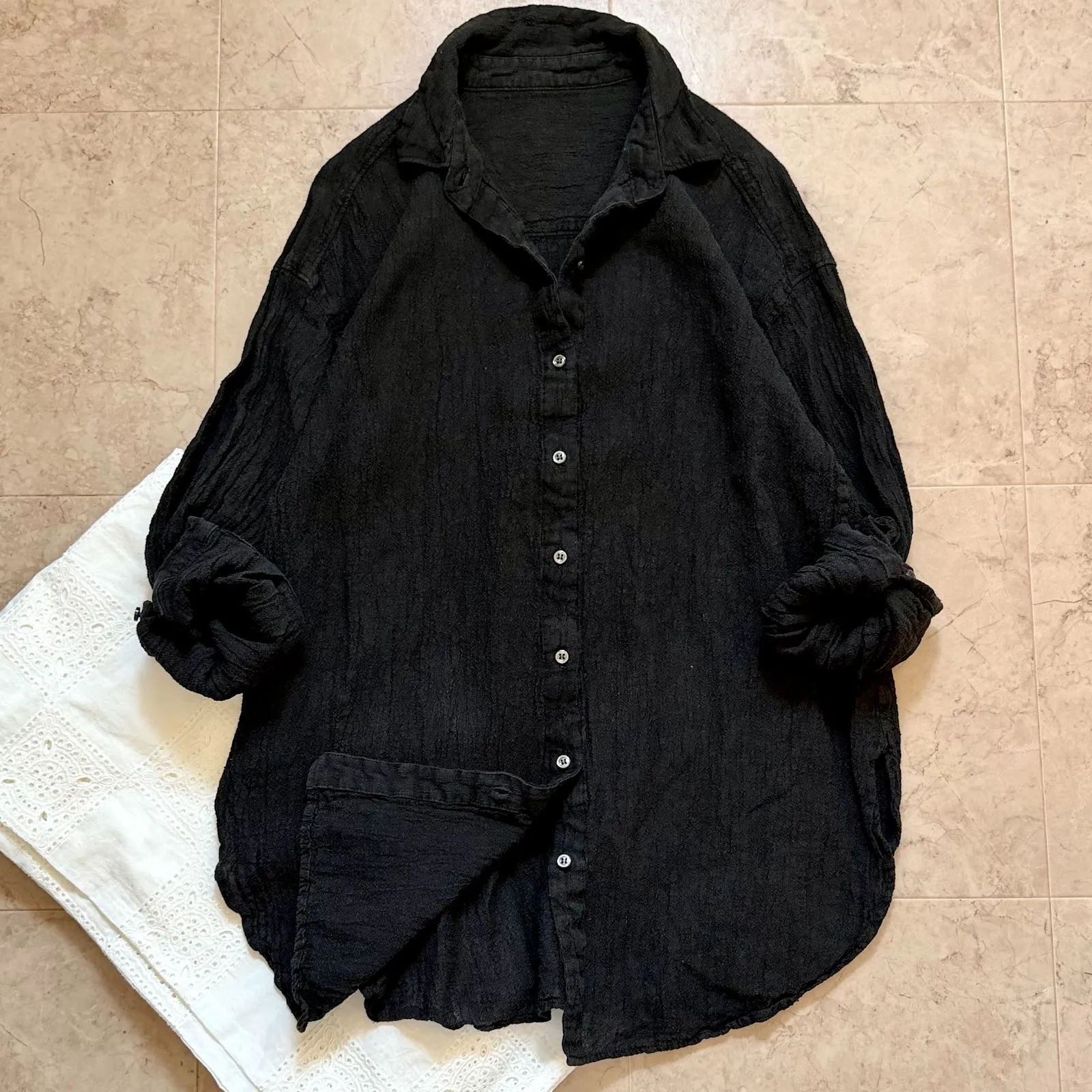 BABYLONE リネン混 ワッシャー加工 ビッグシルエットシャツ ブラック 
