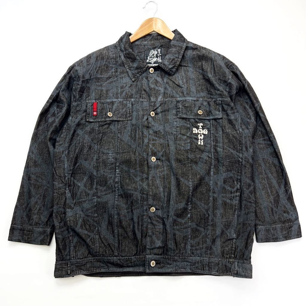 DOG TOWN ☆ 黒龍 やんちゃ サグ デザイン デニムジャケット ブラック XL ゆるだぼ ストリート ヒップホップ 古着MIX ドッグタウン■AF221 DOG TOWN ☆ 黒龍 やんちゃ サグ デザイン デニムジャケット ブラック