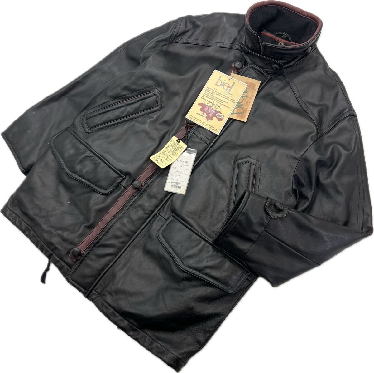 タグ付き ☆ BIG L レザーウェア ラムナッパ レザー ジャケット コート ウールライナー ブラック 48 秋冬 紳士 大人カジュアル 古着■DD269 タグ付き ☆ BIG L レザーウェア ラムナッパ レザー ジャケット コート