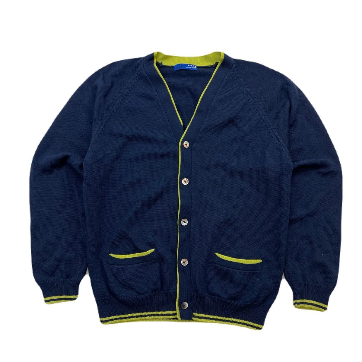 BEAMS ビームス ニット カーディガン ネイビー イエロー メンズ S-M 