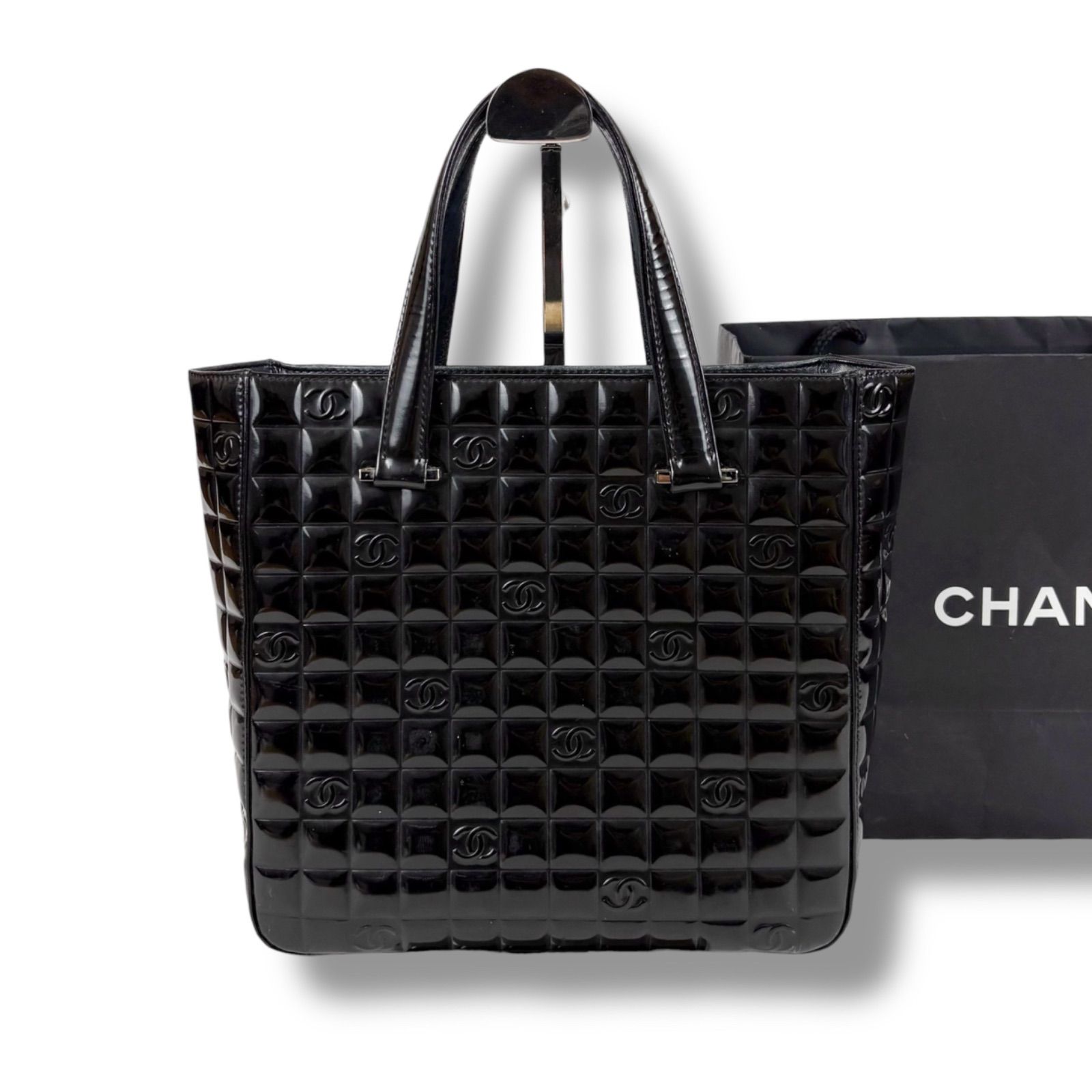 シャネル CHANEL チョコバー ミニトートバッグ ブラック 黒 パテント 