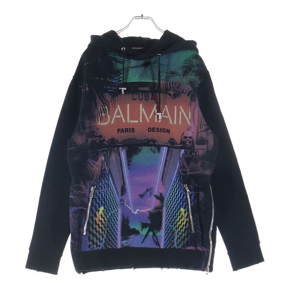 BALMAIN バルマン ■Cuba デストロイ加工 プルオーバーパーカー ブラック コットン #XS RH13209I048 BALMAIN (バルマン) □Cuba デストロイ加工 プルオーバーパーカー