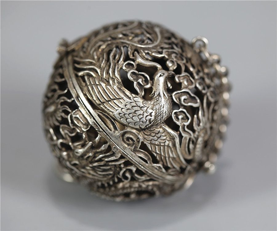 唐物 清代 銀製 龍鳳文彫刻 吊香炉 重さ約67g／状態いい美品!GB757
