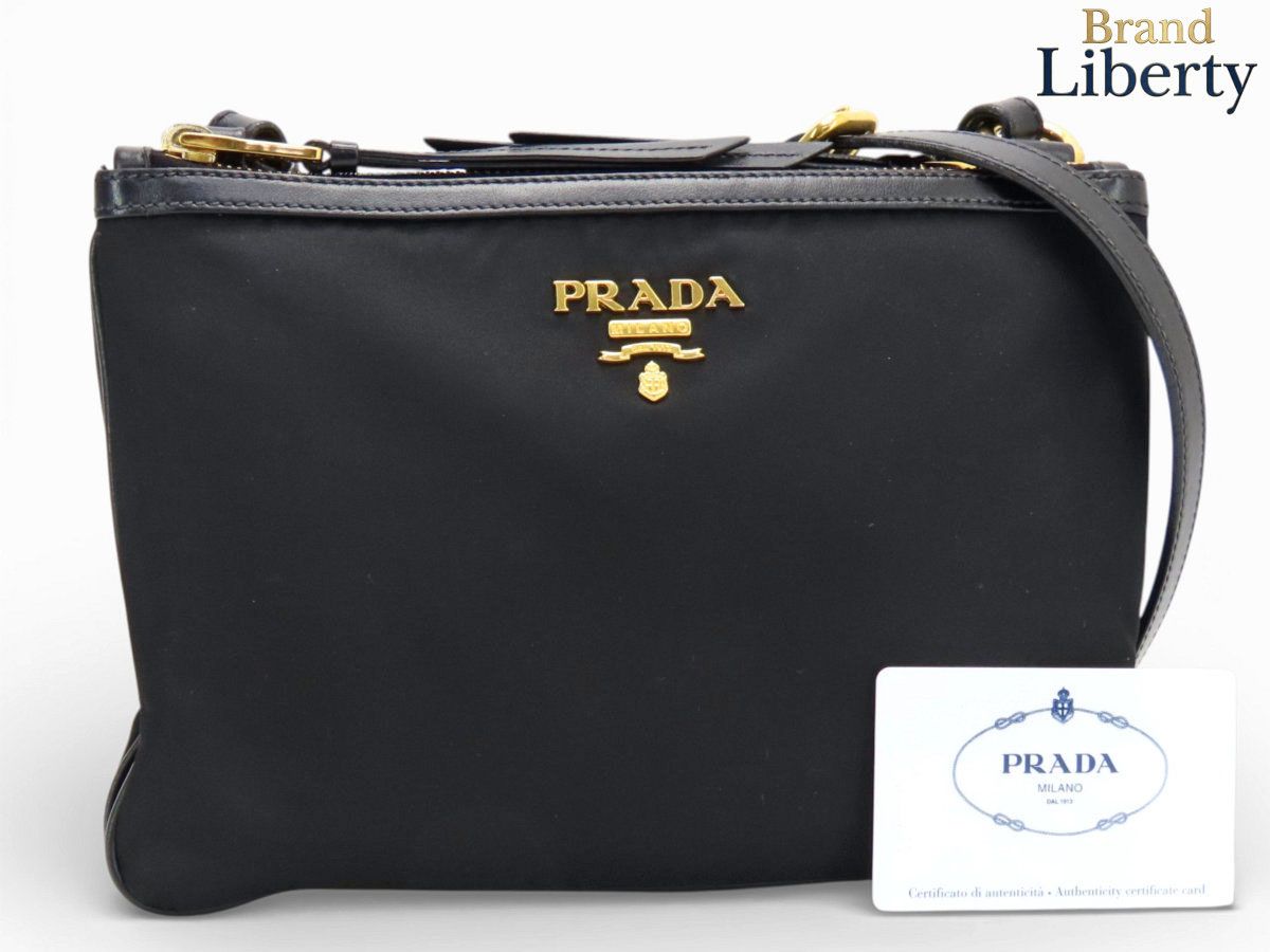 美品】プラダ PRADA ナイロン ソフトカーフレザー 2連 斜め掛け 