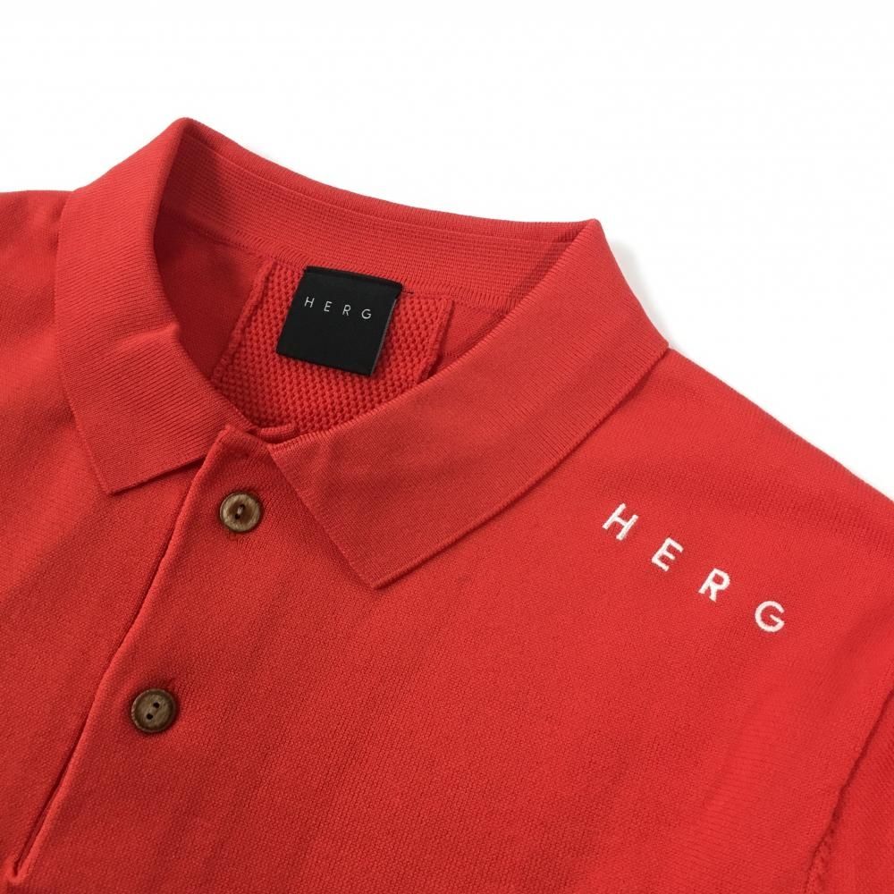 coco 中古 エルグワン HERG1 メンズ 半袖ポロシャツ 1(M) 赤 レッド シンプル 超美品】エルグワン 半袖ニットポロシャツ レッド 肩ロゴ白 メンズ S