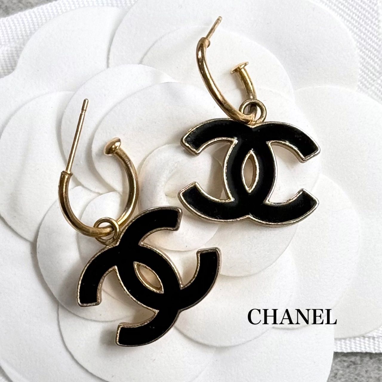 美品 CHANEL シャネル ココマーク フープピアス 両耳用 ブラック 