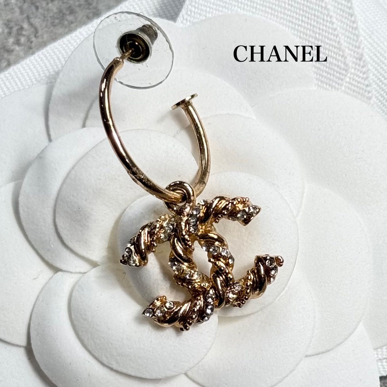 美品 CHANEL シャネル ココマーク ストーンフープピアス 片耳用