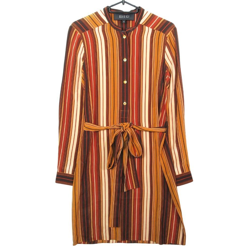 GUCCI グッチ シルク100％ ロング シャツ ワンピース ノーカラー 長袖 