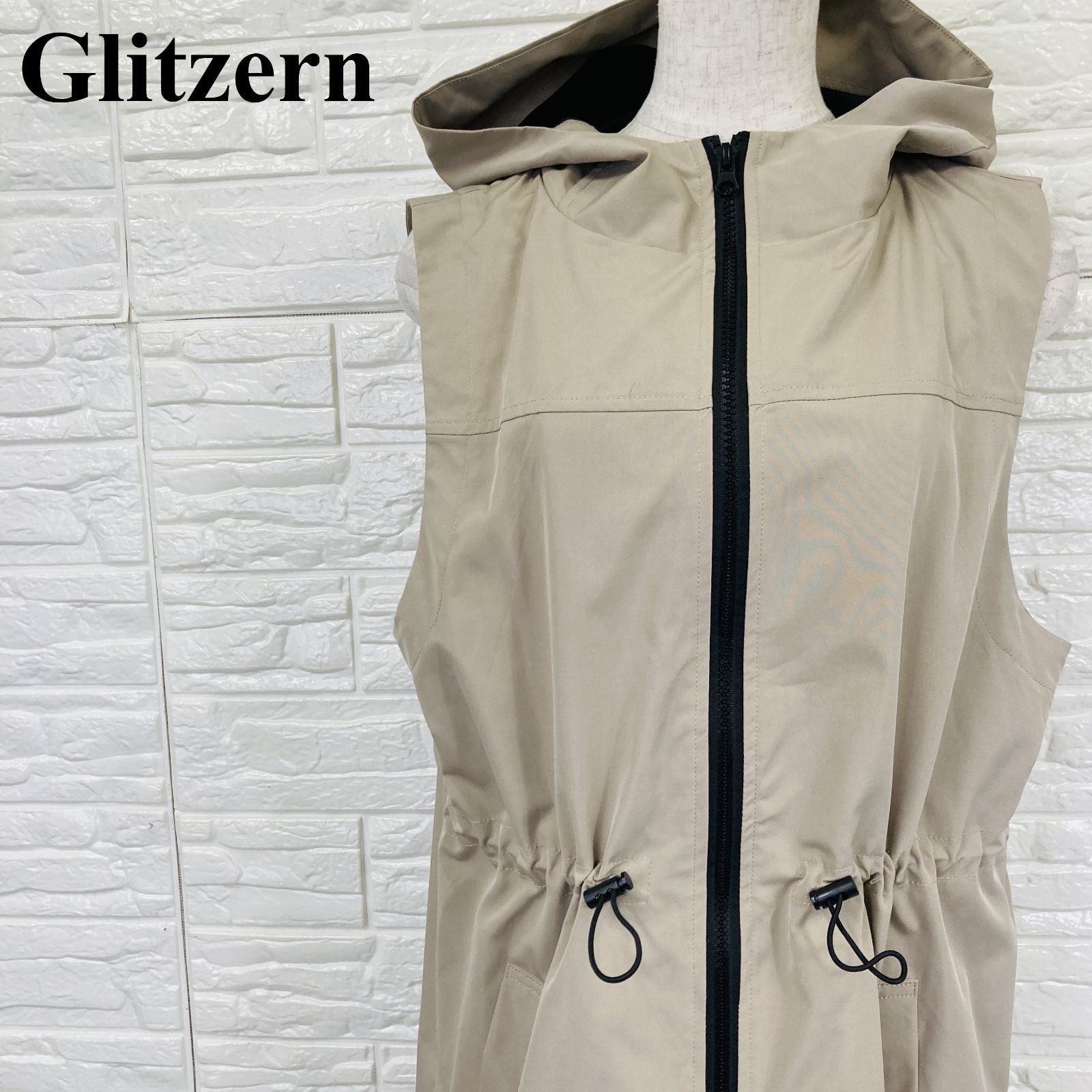 Glitzern グリッツァン フード付きロングベスト ベージュ L 0382K