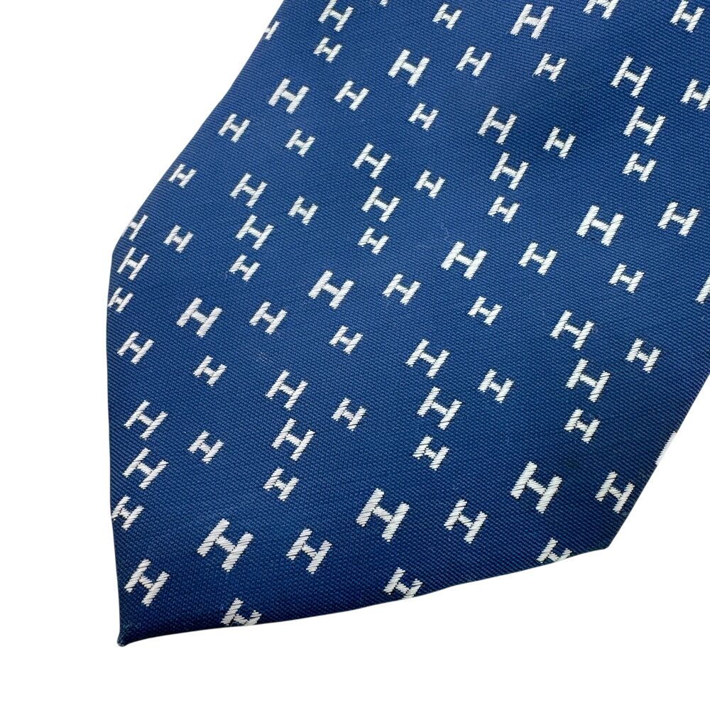 HERMES エルメス ビジネス 通勤 H 総柄 シルク ネクタイ ネイビー 