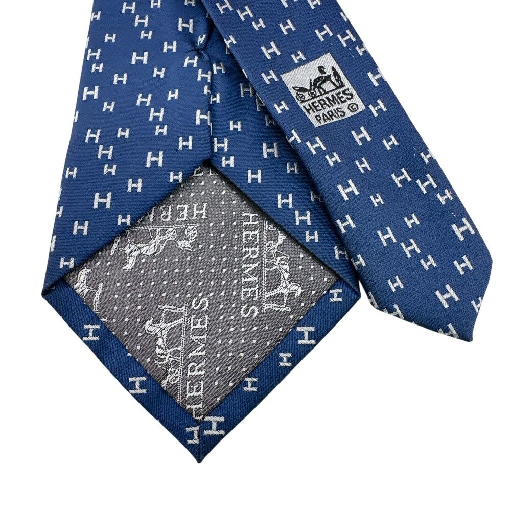 HERMES エルメス ビジネス 通勤 H 総柄 シルク ネクタイ ネイビー 