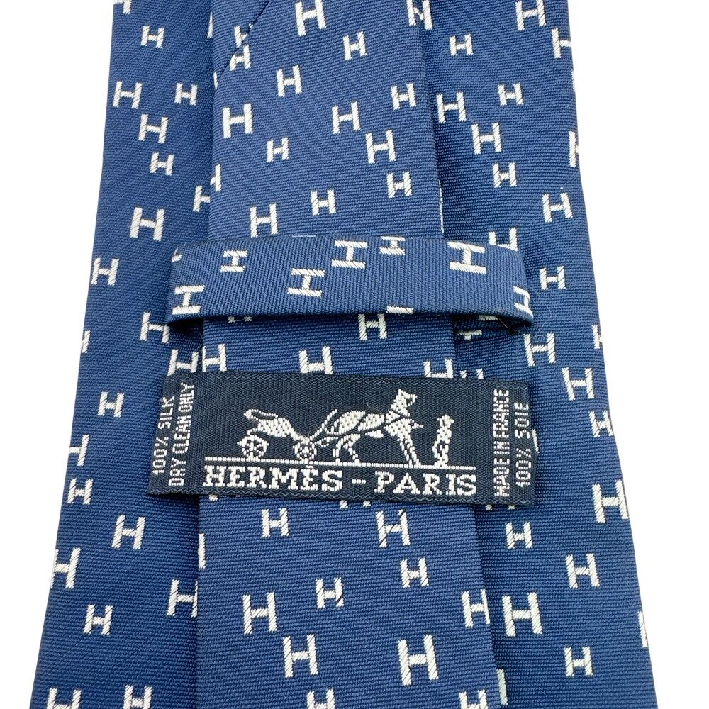 HERMES エルメス ビジネス 通勤 H 総柄 シルク ネクタイ ネイビー 