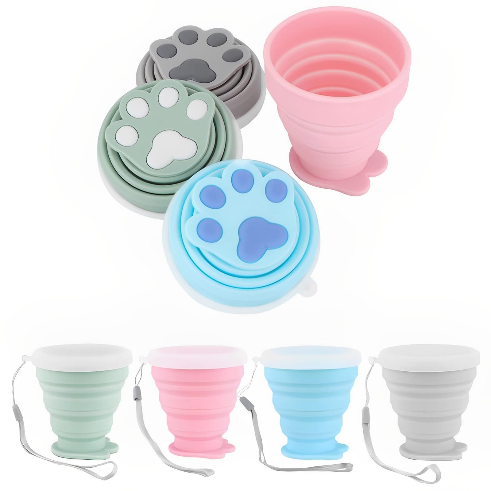 Formemory 접이식 컵, 접이식 고양이 발 프린트, 4가지 색상, 그린, 핑크, 블루, 그레이, 200ml, 치약 컵, 가글 컵, 접이식 뚜껑, 캠핑 컵, 야외 접이식 컵, 야외 머그, 세련되고 귀여운 컵