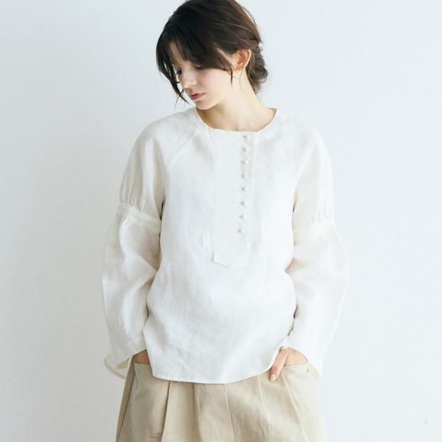 MAGALI | シャンブレーリネン・ぺザントプルオーバー (オフホワイト 