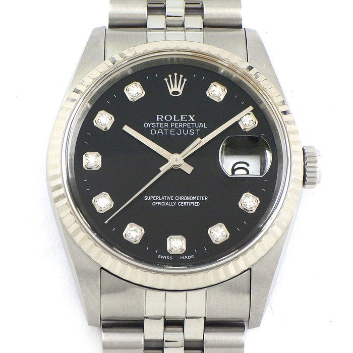 ロレックス Rolex 腕時計 デイトジャスト 16234G P番 2000年製 10ポイント ダイヤインデックス ブラック文字盤 フルーテッドベゼル ジュビリーブレス K18WG SS 自動巻き 【OH済み】 【箱・保付き】 【中古】 ロレックス Rolex 腕時計 デイトジャスト 16234G P番 2000年製 10
