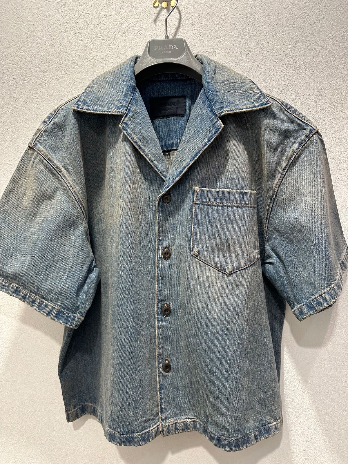 新品未使用】PRADA プラダ ブリーチ デニム 半袖ボウリングシャツ