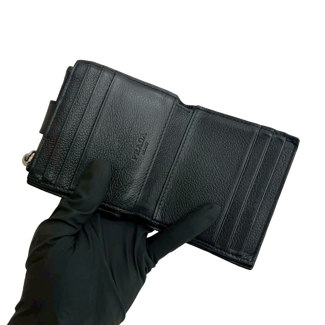 極 美品 PRADA プラダ 三角ロゴ 金具 レザー 本革 二つ折り 財布 ミニ