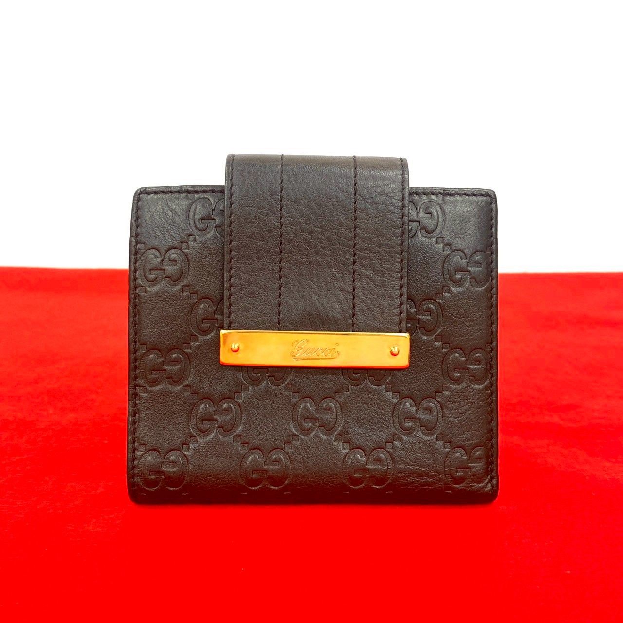 極 美品 GUCCI グッチ シマ GG 柄 ロゴ 金具 レザー 本革 二つ折り 